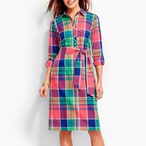 Talbots Orange Navy And Green Madras Plaid Cotton Long Sleeved Shirtdress